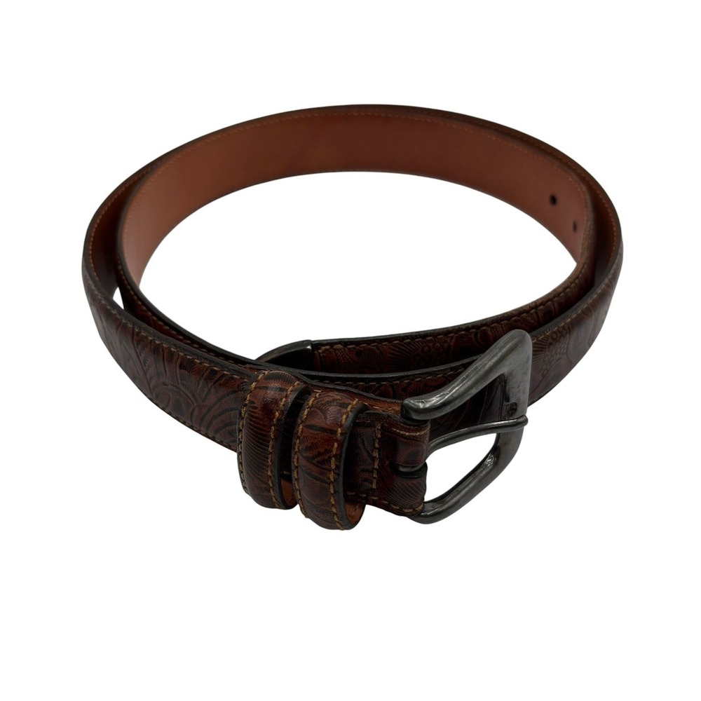 Martin Dingman Hand Tooled Belt Mens 40 Brown Harness Leather Metal Tip USA